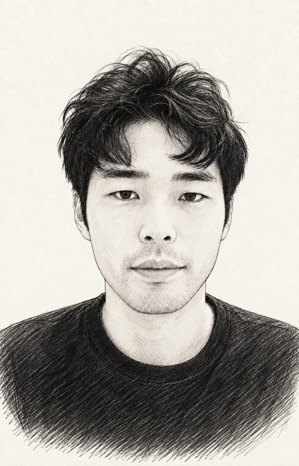 木村誠の実際の顔立ちをもとに、穏やかな表情に整えた白黒の線画ポートレート