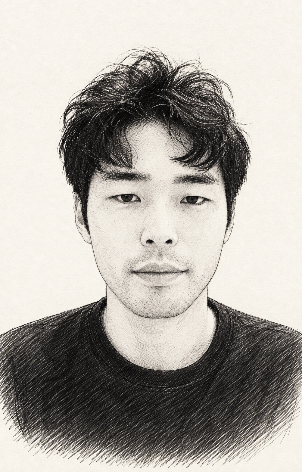 木村誠の実際の顔立ちをもとに、身だしなみと表情を整えた白黒の線画ポートレート