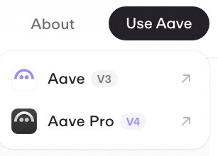 aave.comの「Use Aave」メニュー。Aave V3とAave Pro（V4）が並ぶ