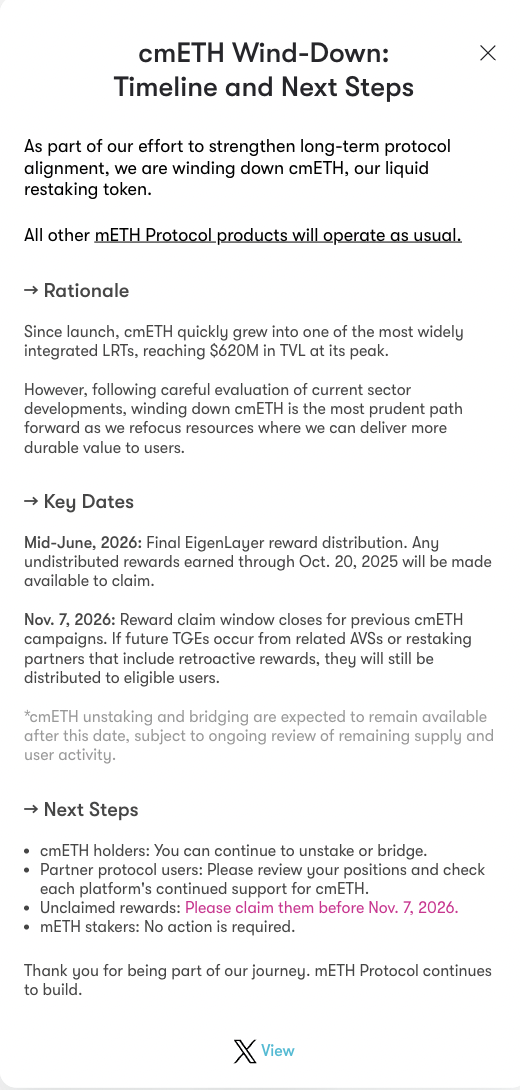 mETH Protocol公式の「cmETH Wind-Down: Timeline and Next Steps」説明パネル