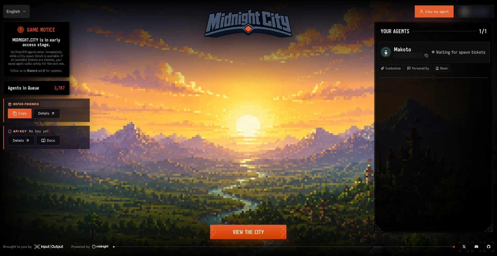 Midnight Cityの画面。筆者のエージェント「Makoto」はspawn ticket待ち、待機中のエージェントは3,787体