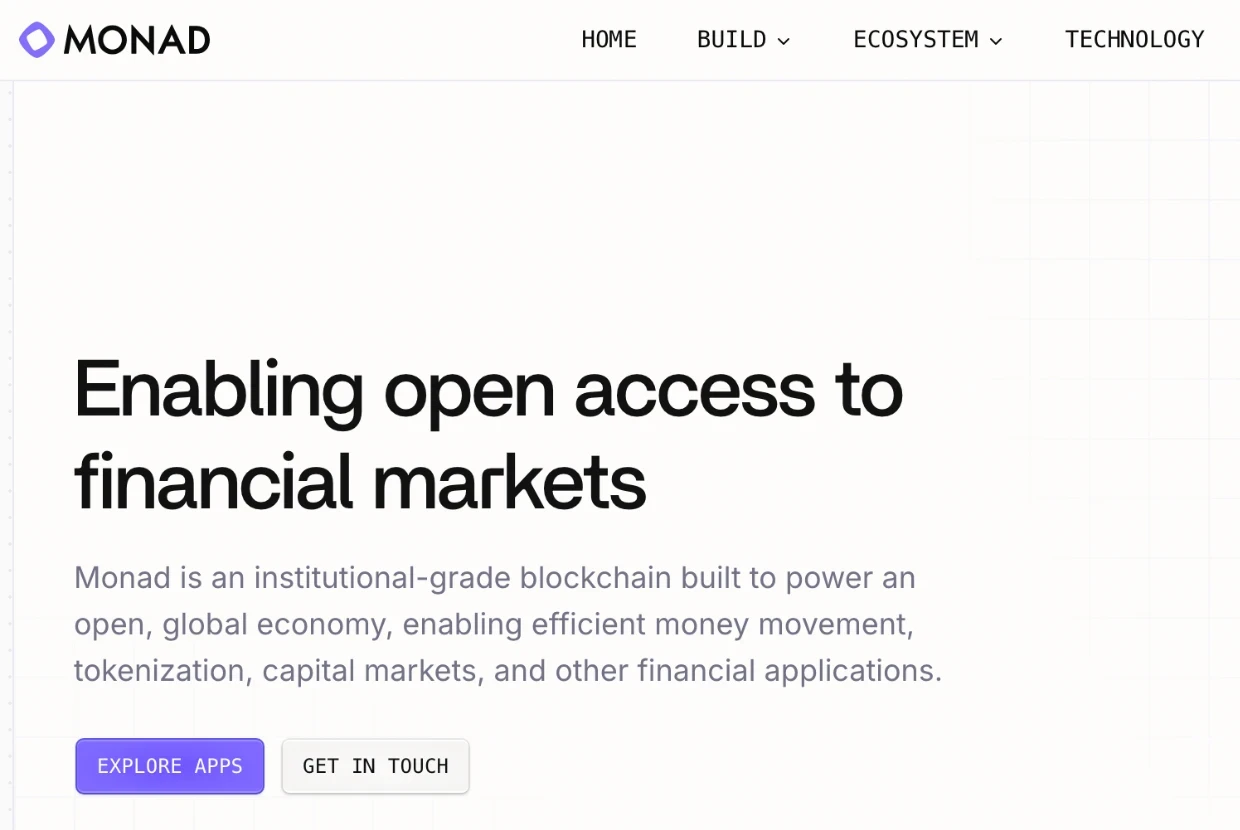 Monadの公式サイトのトップページ。ロゴとメニューの下に「Enabling open access to financial markets」という見出しと、機関投資家水準のブロックチェーンだという説明文