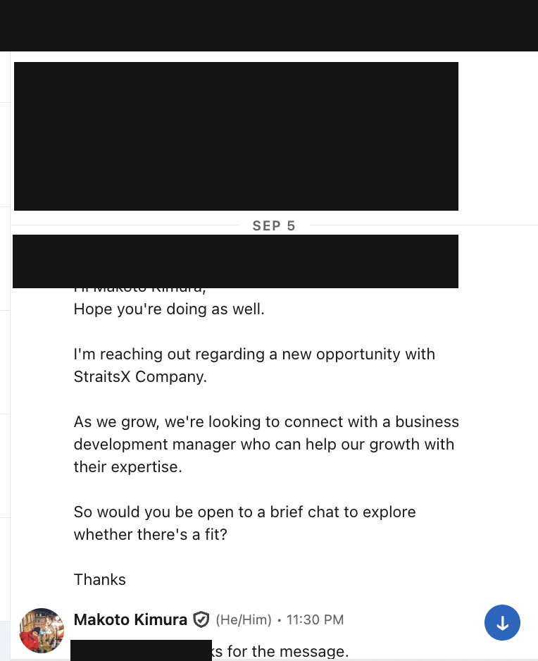 LinkedInで届いた最初のメッセージのスクリーンショット（送信者の名前・写真は加工済み）