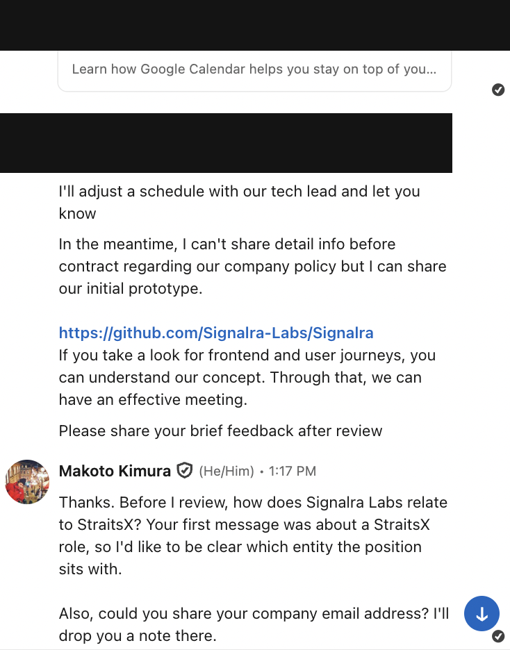 「初期プロトタイプ」としてGitHubのリンクが送られてきたメッセージと、それに対して会社のメールアドレスを尋ねた返信のスクリーンショット（送信者の名前・写真は加工済み）